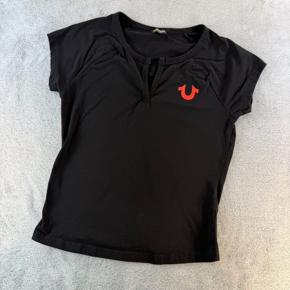 True Religion Women's Black Logo T-Shirt Stretch Short Sleeve Top Medium